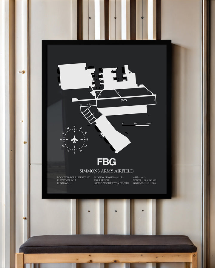 Framed Detailed Airport Map of Simmons Army Airfield (FBG) in Gray with a Black Frame