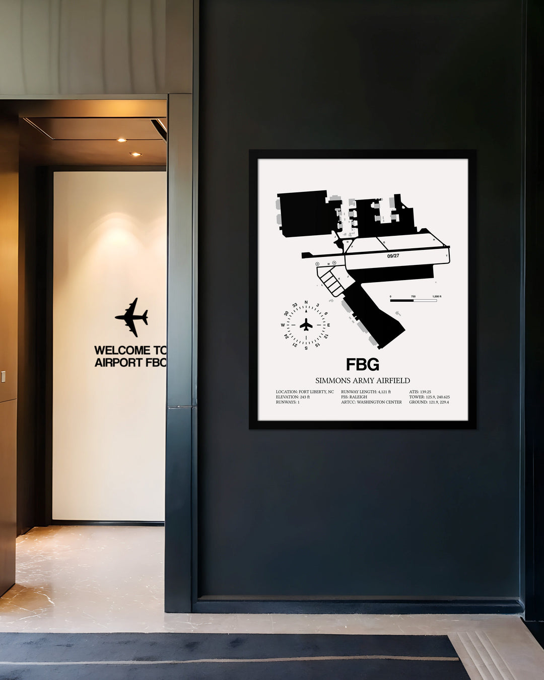 Framed Detailed Airport Map of Simmons Army Airfield (FBG) in White with a Black Frame