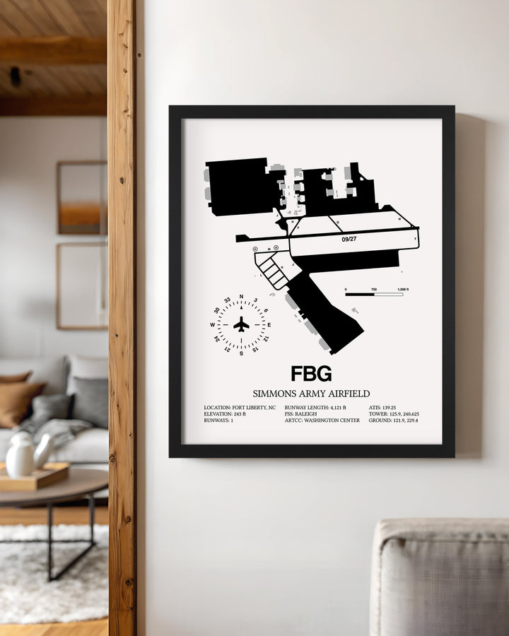 Framed Detailed Airport Map of Simmons Army Airfield (FBG) in White with a Black Frame