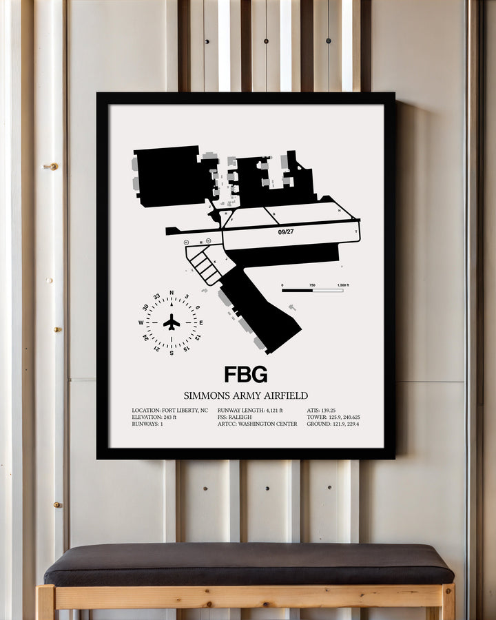 Framed Detailed Airport Map of Simmons Army Airfield (FBG) in White with a Black Frame