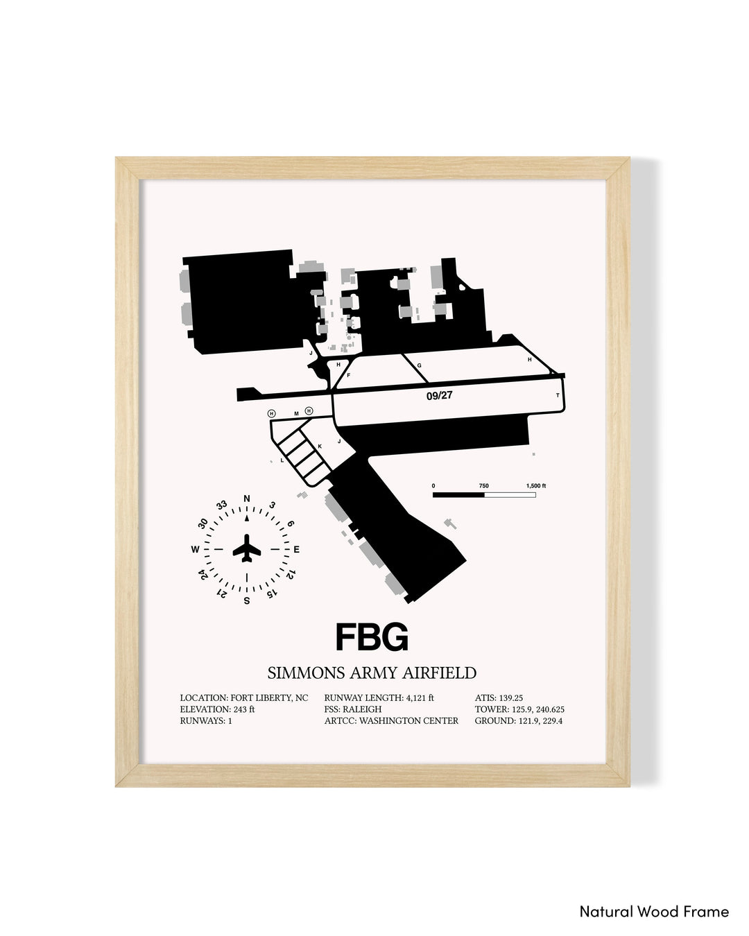 Detailed Airport Map of Simmons Army Airfield (FBG) in White with a Natural Frame