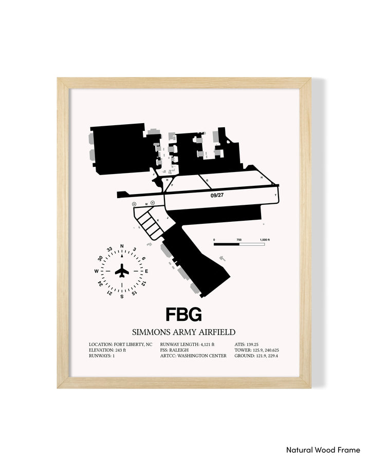Detailed Airport Map of Simmons Army Airfield (FBG) in White with a Natural Frame