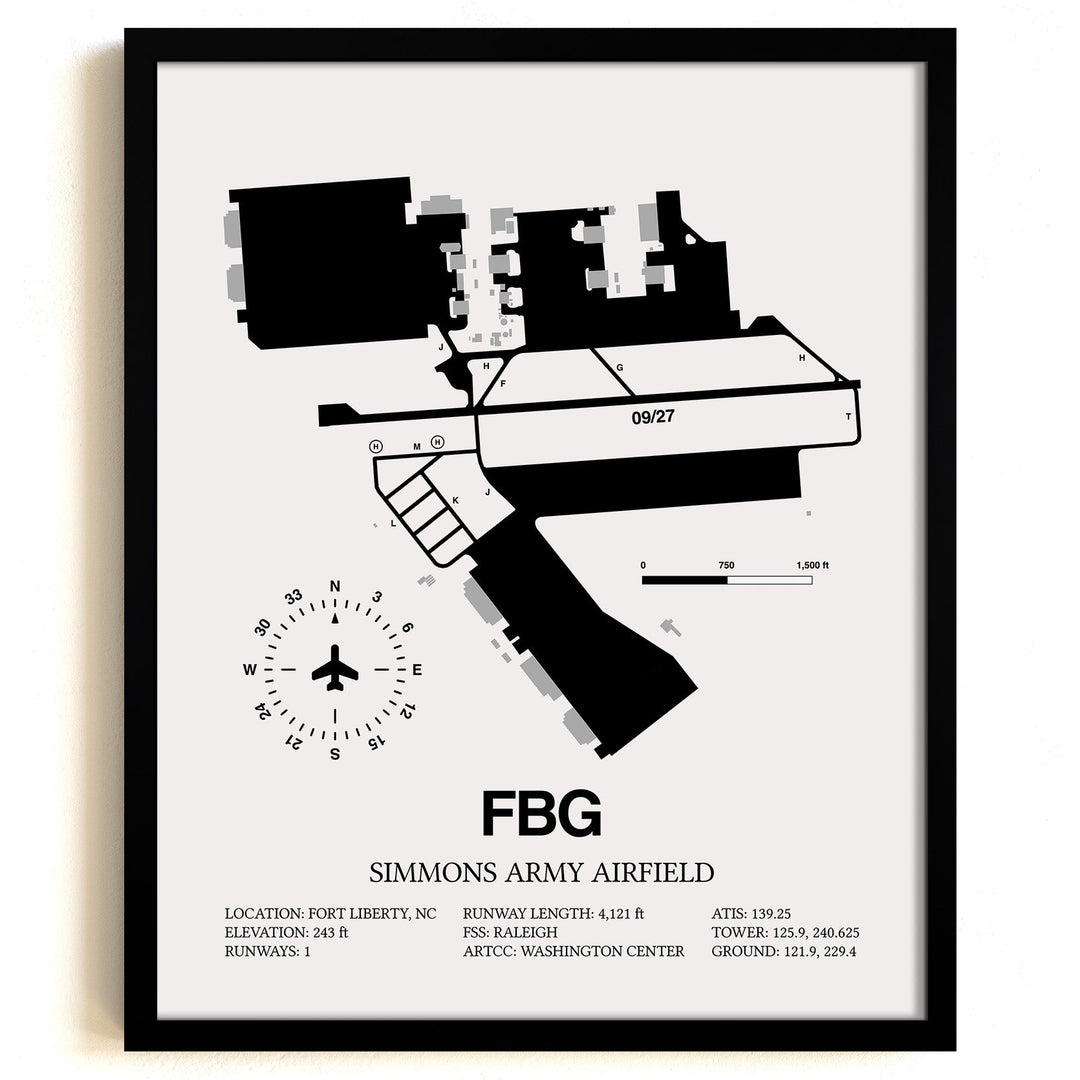 Framed Detailed Airport Map of Simmons Army Airfield (FBG) in White with a Black Frame