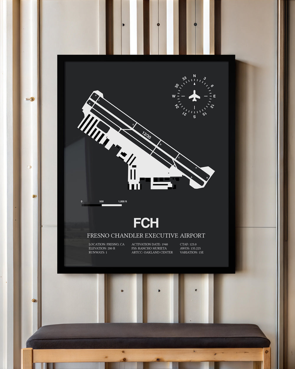 Framed Detailed Airport Map of Fresno Chandler Executive Airport (FCH) in Gray with a Black Frame