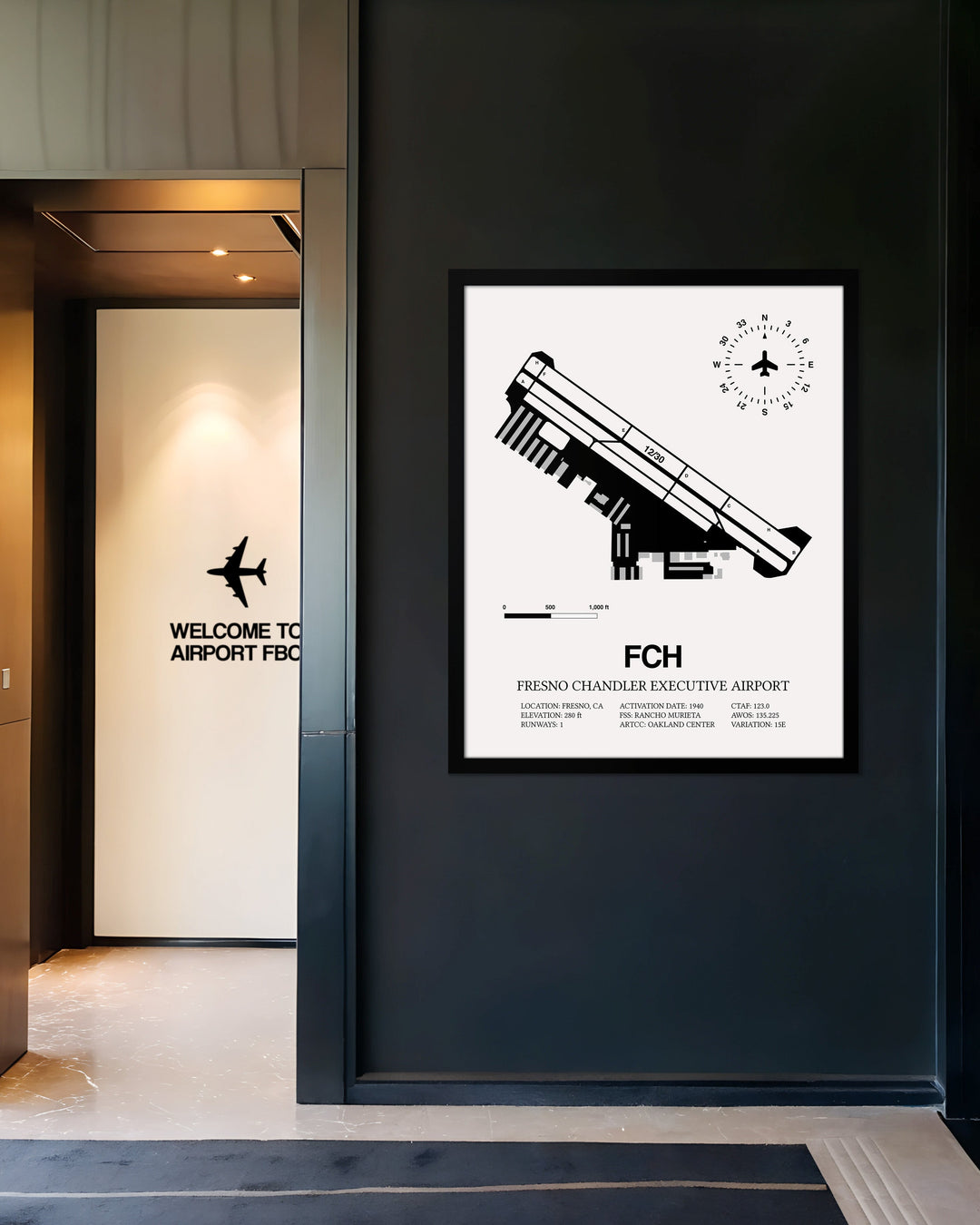 Framed Detailed Airport Map of Fresno Chandler Executive Airport (FCH) in White with a Black Frame