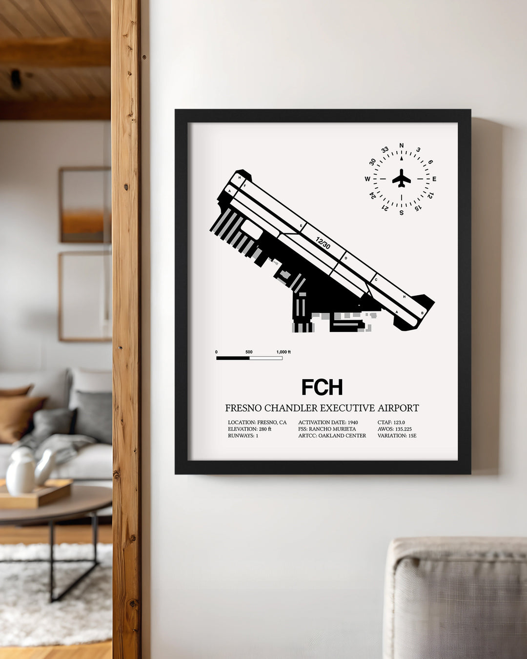 Framed Detailed Airport Map of Fresno Chandler Executive Airport (FCH) in White with a Black Frame