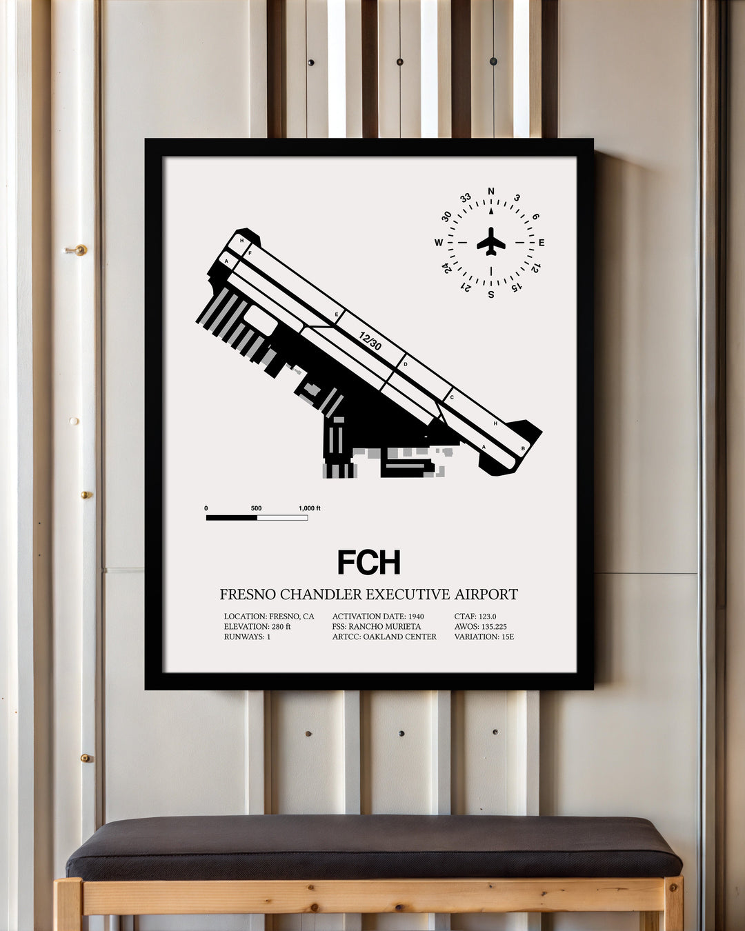 Framed Detailed Airport Map of Fresno Chandler Executive Airport (FCH) in White with a Black Frame