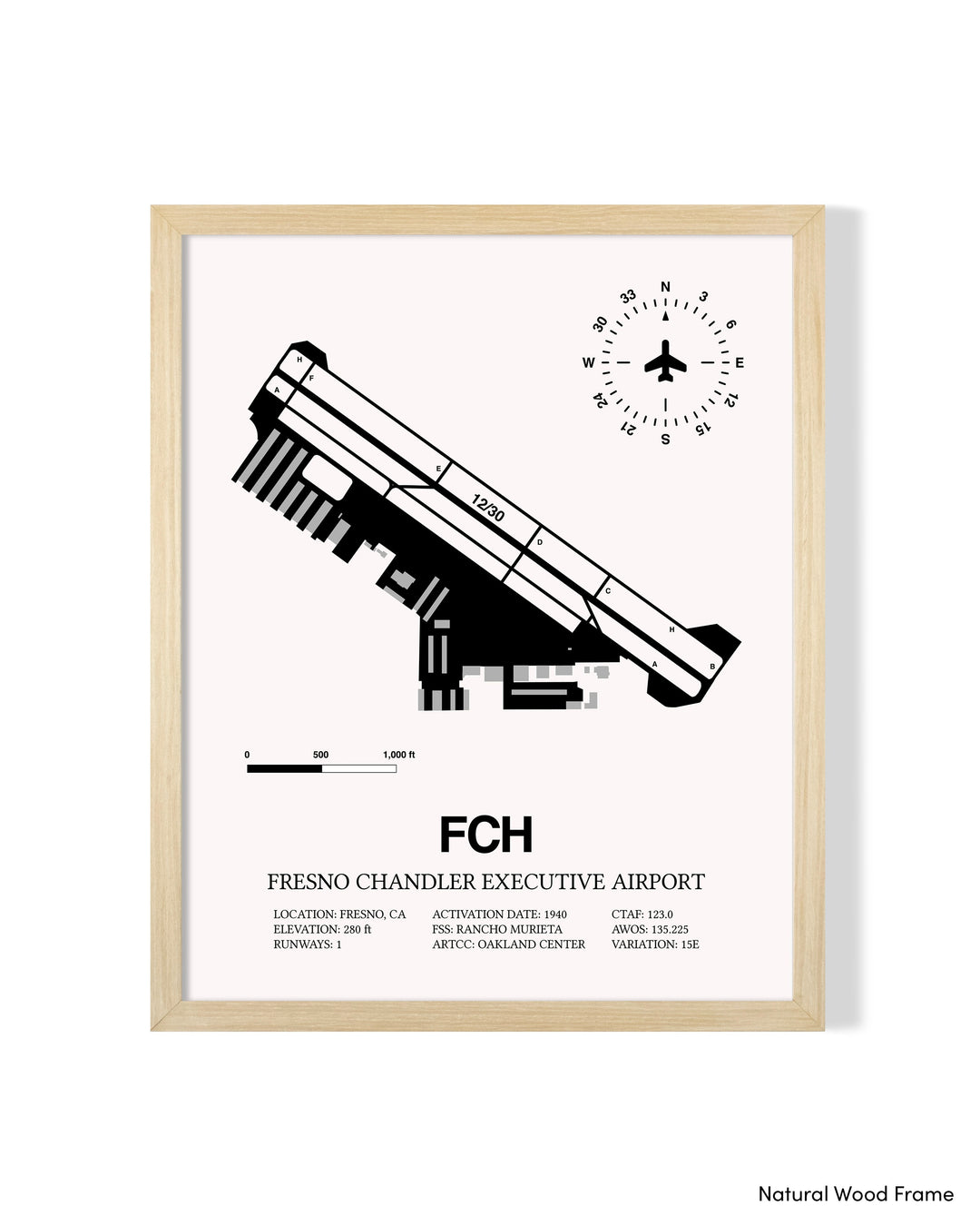 Detailed Airport Map of Fresno Chandler Executive Airport (FCH) in White with a Natural Frame