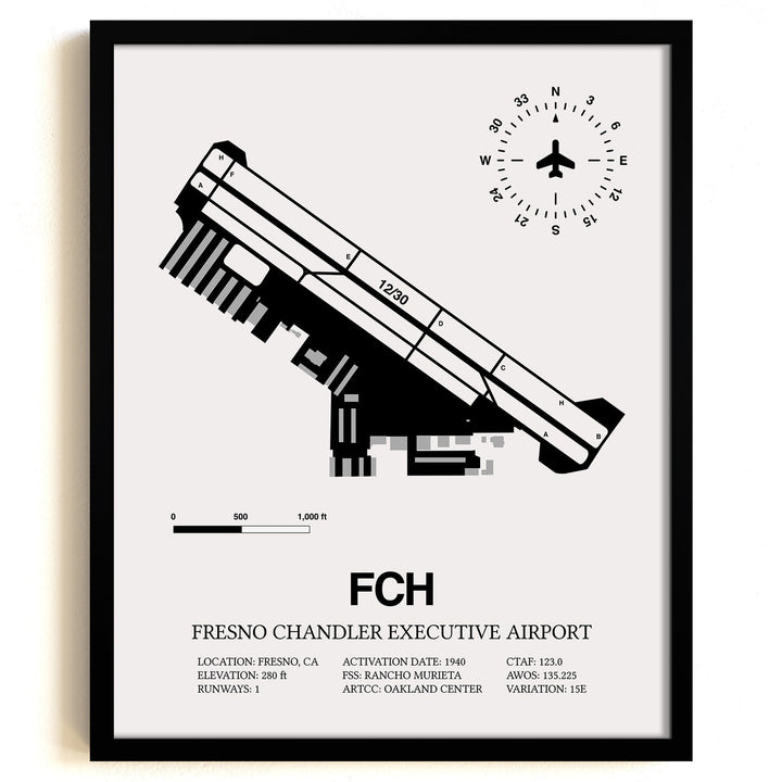 Framed Detailed Airport Map of Fresno Chandler Executive Airport (FCH) in White with a Black Frame