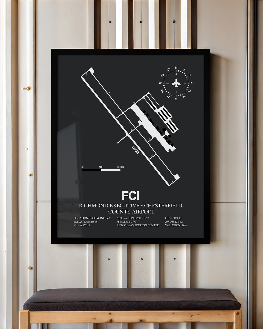 Framed Detailed Airport Map of Richmond Executive-Chesterfield County Airport (FCI) in Gray with a Black Frame