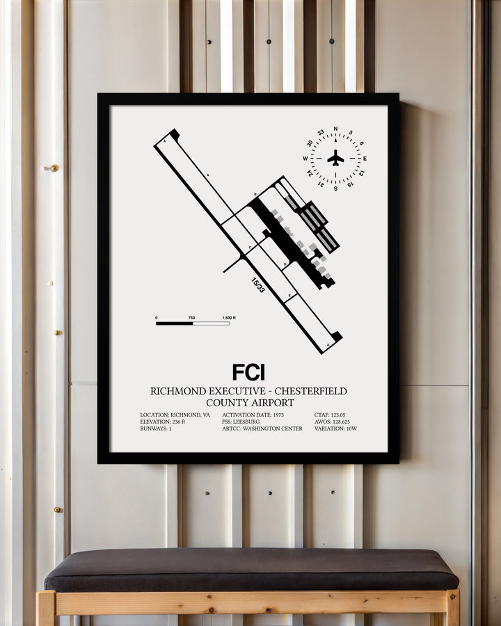 Framed Detailed Airport Map of Richmond Executive-Chesterfield County Airport (FCI) in White with a Black Frame