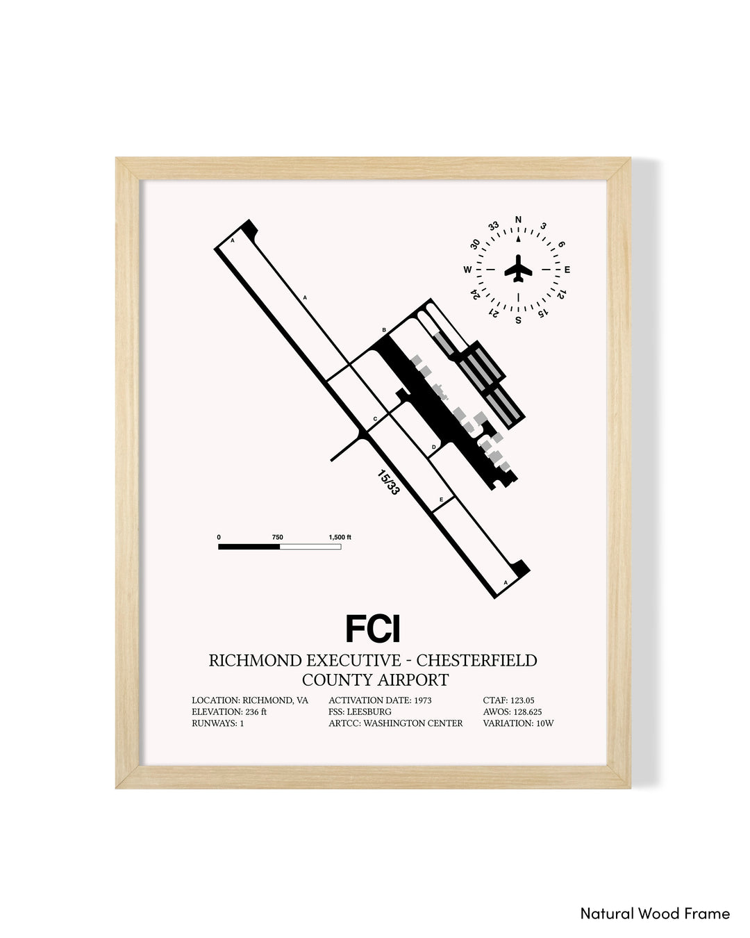 Detailed Airport Map of Richmond Executive-Chesterfield County Airport (FCI) in White with a Natural Frame