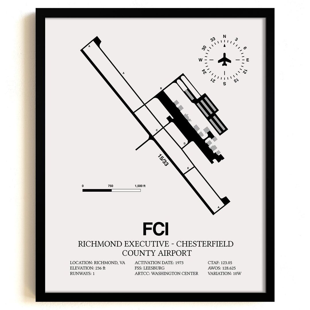 Framed Detailed Airport Map of Richmond Executive-Chesterfield County Airport (FCI) in White with a Black Frame