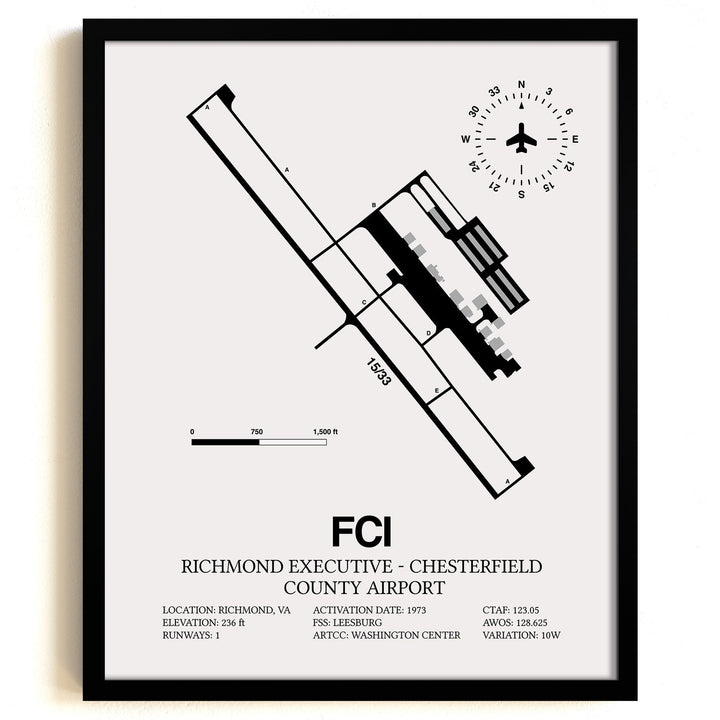 Framed Detailed Airport Map of Richmond Executive-Chesterfield County Airport (FCI) in White with a Black Frame