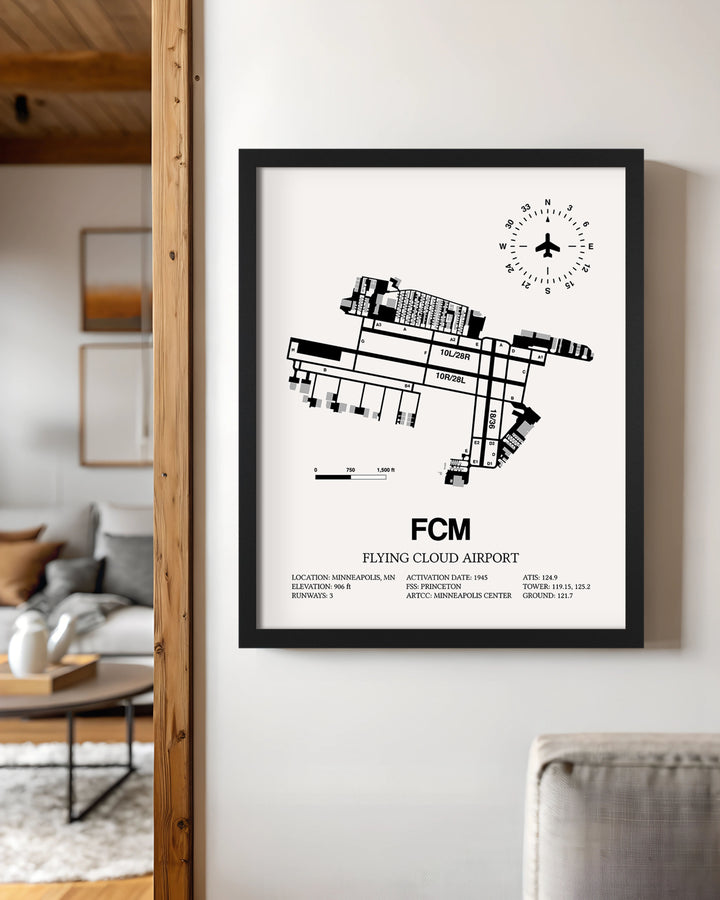 Framed Detailed Airport Map of Flying Cloud Airport (FCM) in White with a Black Frame