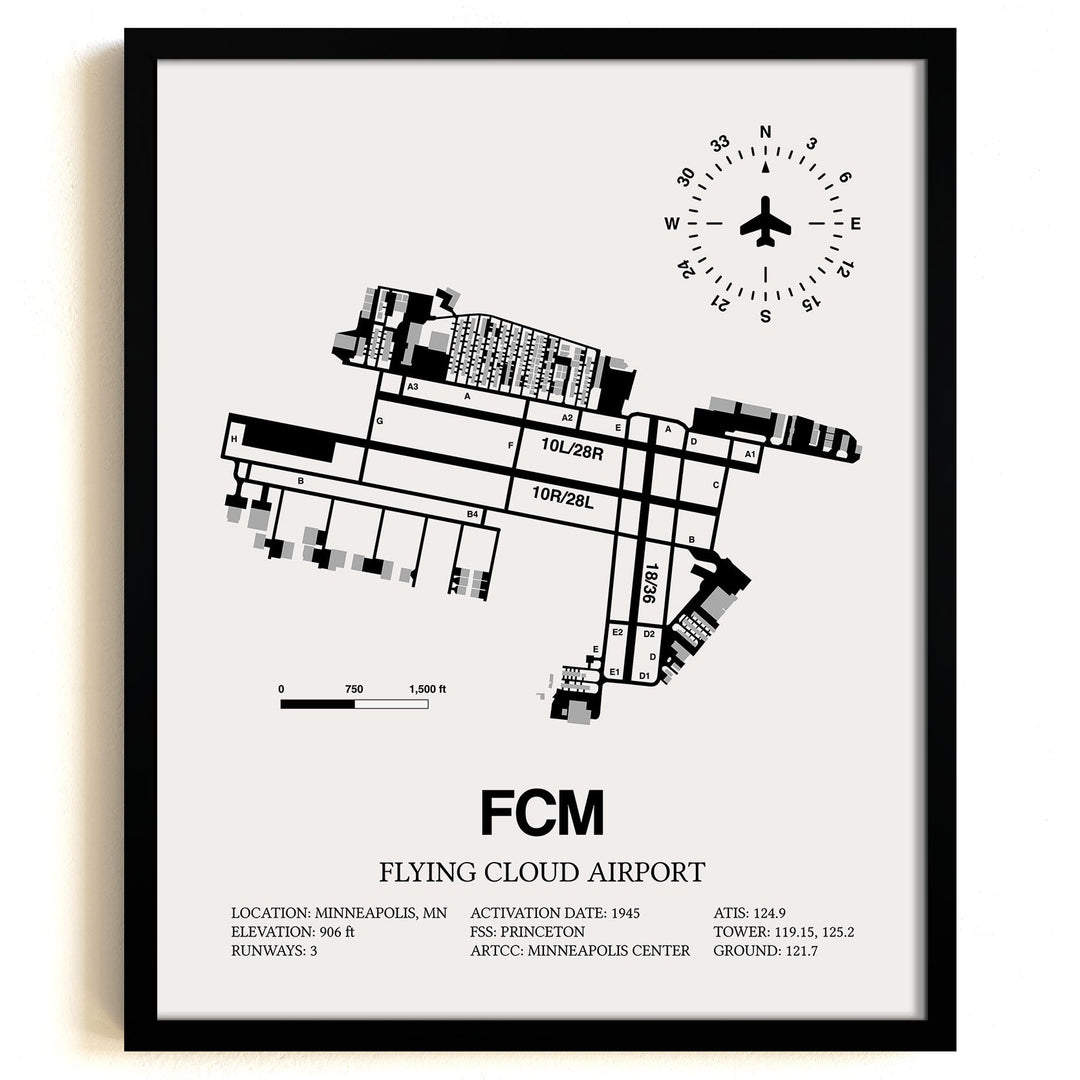 Framed Detailed Airport Map of Flying Cloud Airport (FCM) in White with a Black Frame