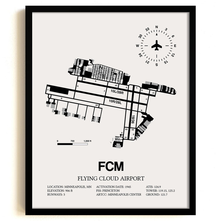 Framed Detailed Airport Map of Flying Cloud Airport (FCM) in White with a Black Frame