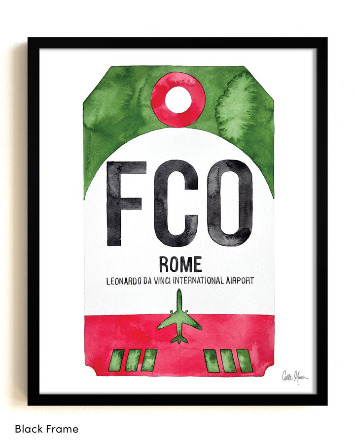 Framed Watercolor Print of Leonardo da Vinci International Airport (FCO) with a Black Frame