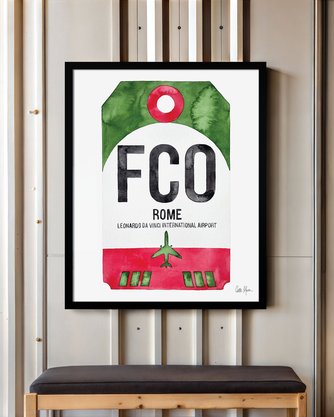 Framed Watercolor Print of Leonardo da Vinci International Airport (FCO) with a Black Frame