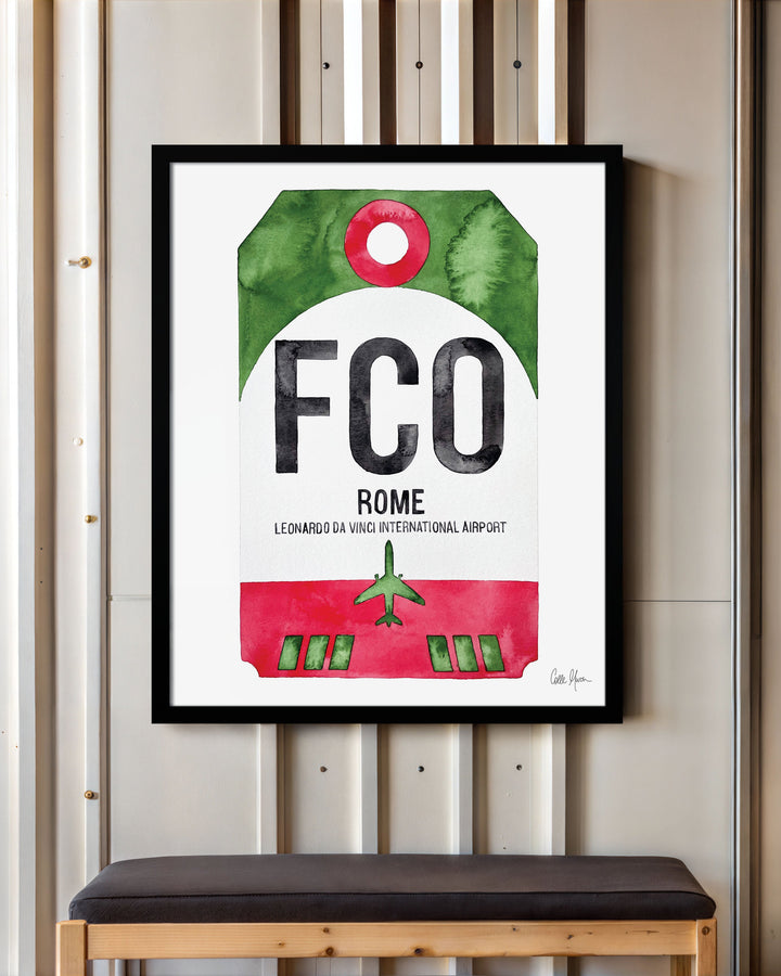 Framed Watercolor Print of Leonardo da Vinci International Airport (FCO) with a Black Frame