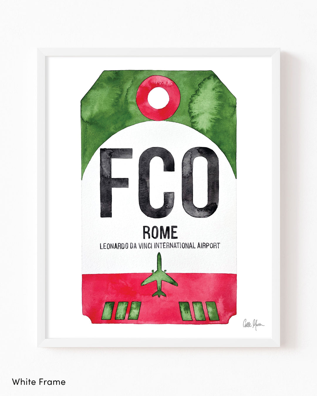 Framed Watercolor Print of Leonardo da Vinci International Airport (FCO) with a White Frame
