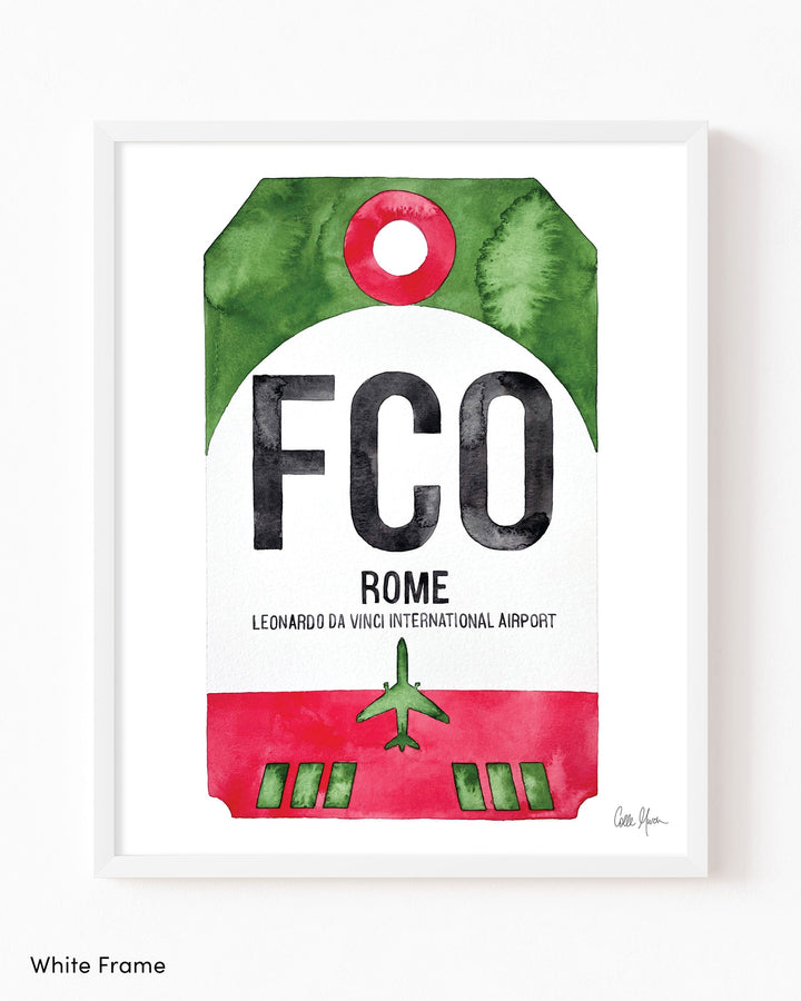 Framed Watercolor Print of Leonardo da Vinci International Airport (FCO) with a White Frame
