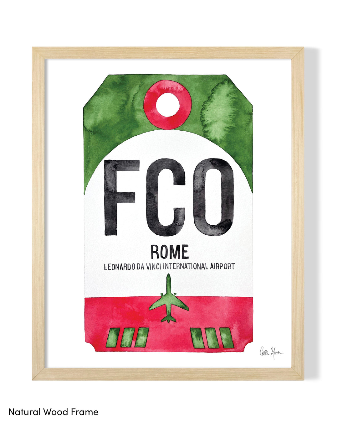 Framed Watercolor Print of Leonardo da Vinci International Airport (FCO) with a Natural Wood Frame