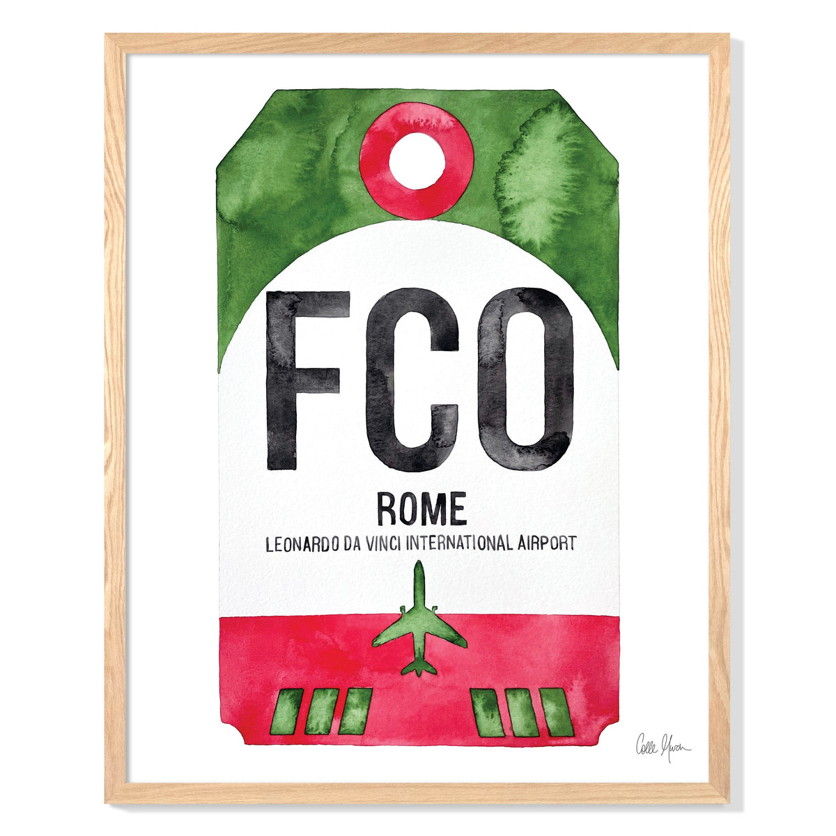 Framed Watercolor Print of Leonardo da Vinci International Airport (FCO) with an Oak Frame