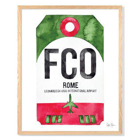 Framed Watercolor Print of Leonardo da Vinci International Airport (FCO) with an Oak Frame