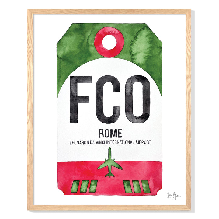 Framed Watercolor Print of Leonardo da Vinci International Airport (FCO) with an Oak Frame