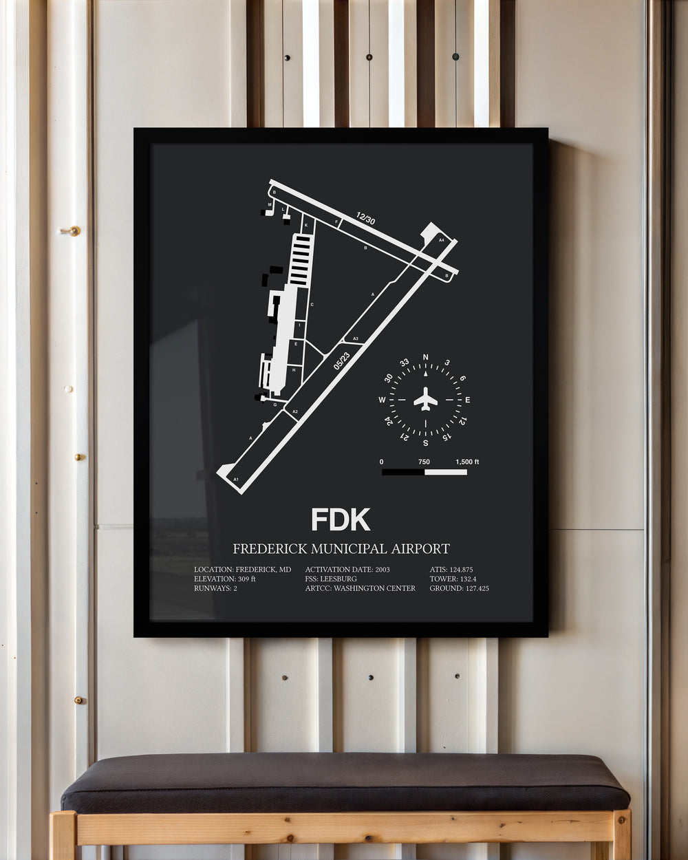 Framed Detailed Airport Map of Frederick Municipal Airport (FDK) in Gray with a Black Frame