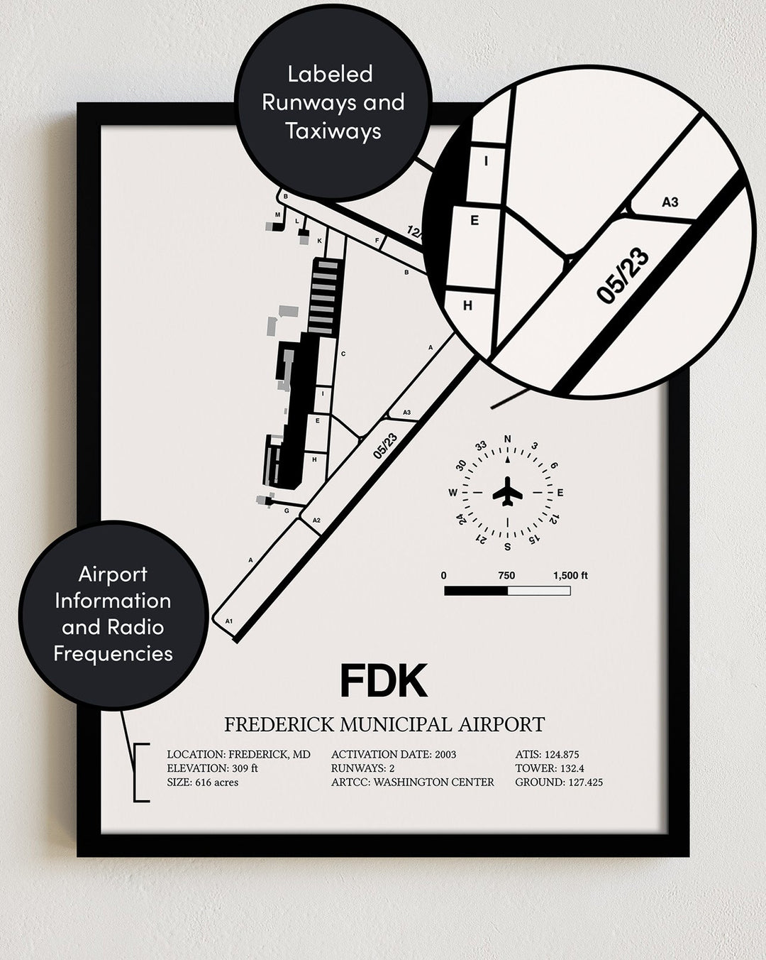 Framed Detailed Airport Map of Frederick Municipal Airport (FDK) in White with a Black Frame