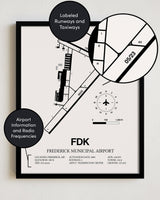 Framed Detailed Airport Map of Frederick Municipal Airport (FDK) in White with a Black Frame