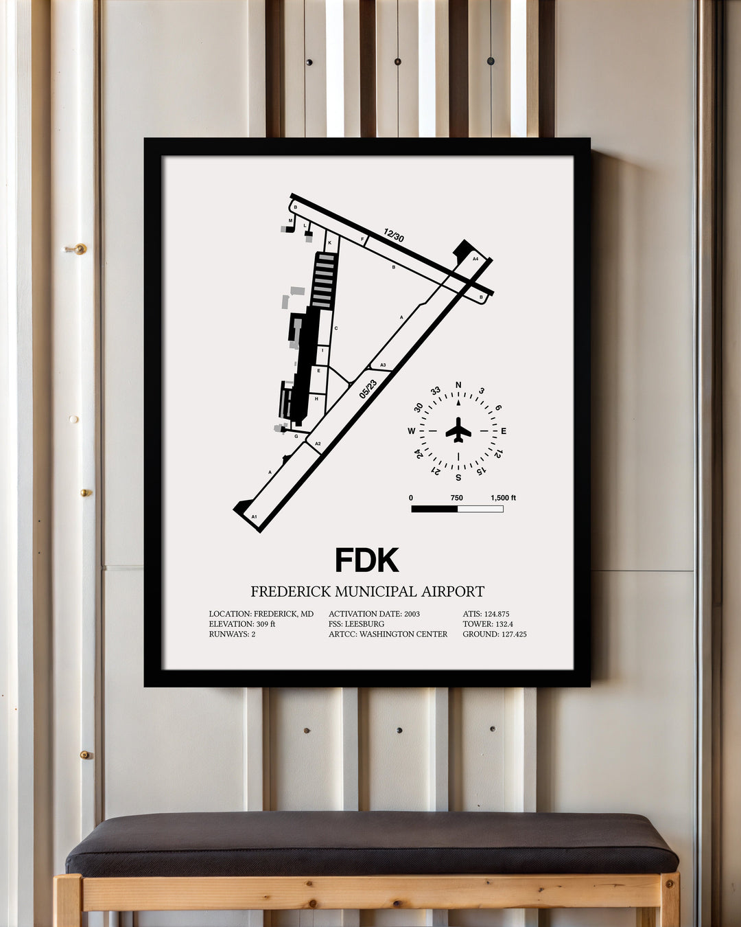 Framed Detailed Airport Map of Frederick Municipal Airport (FDK) in White with a Black Frame
