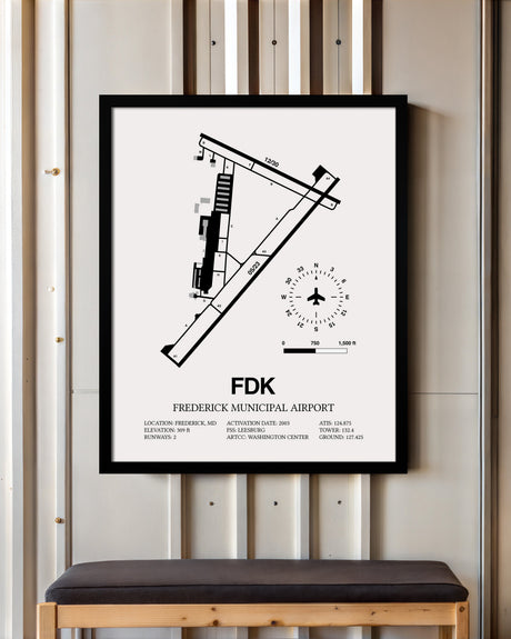 Framed Detailed Airport Map of Frederick Municipal Airport (FDK) in White with a Black Frame
