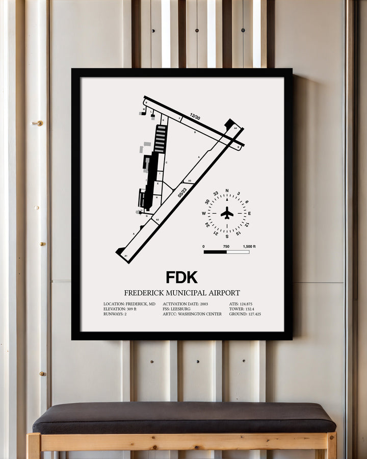 Framed Detailed Airport Map of Frederick Municipal Airport (FDK) in White with a Black Frame