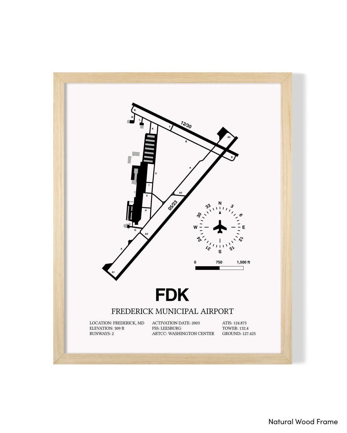 Detailed Airport Map of Frederick Municipal Airport (FDK) in White with a Natural Frame