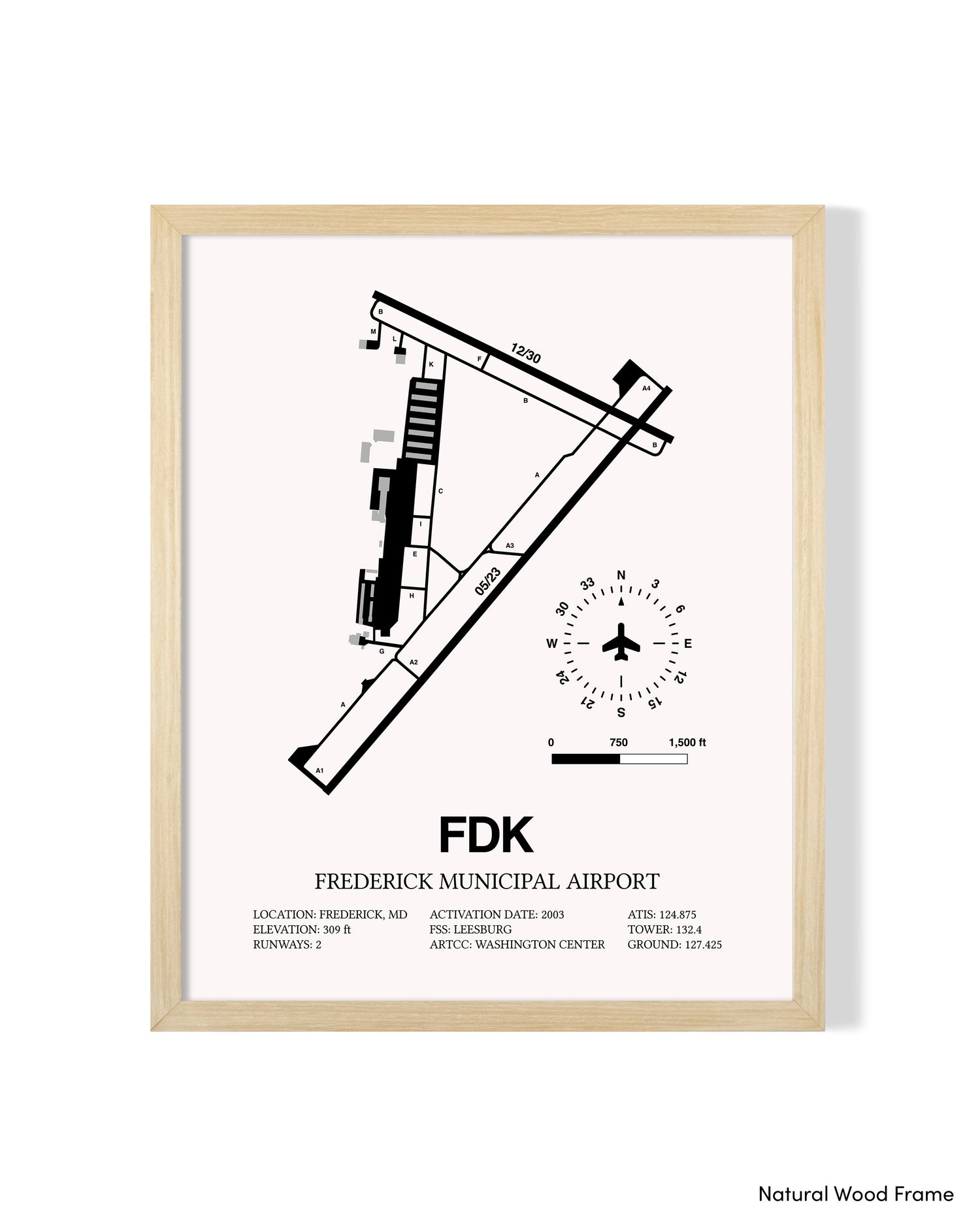 Detailed Airport Map of Frederick Municipal Airport (FDK) in White with a Natural Frame