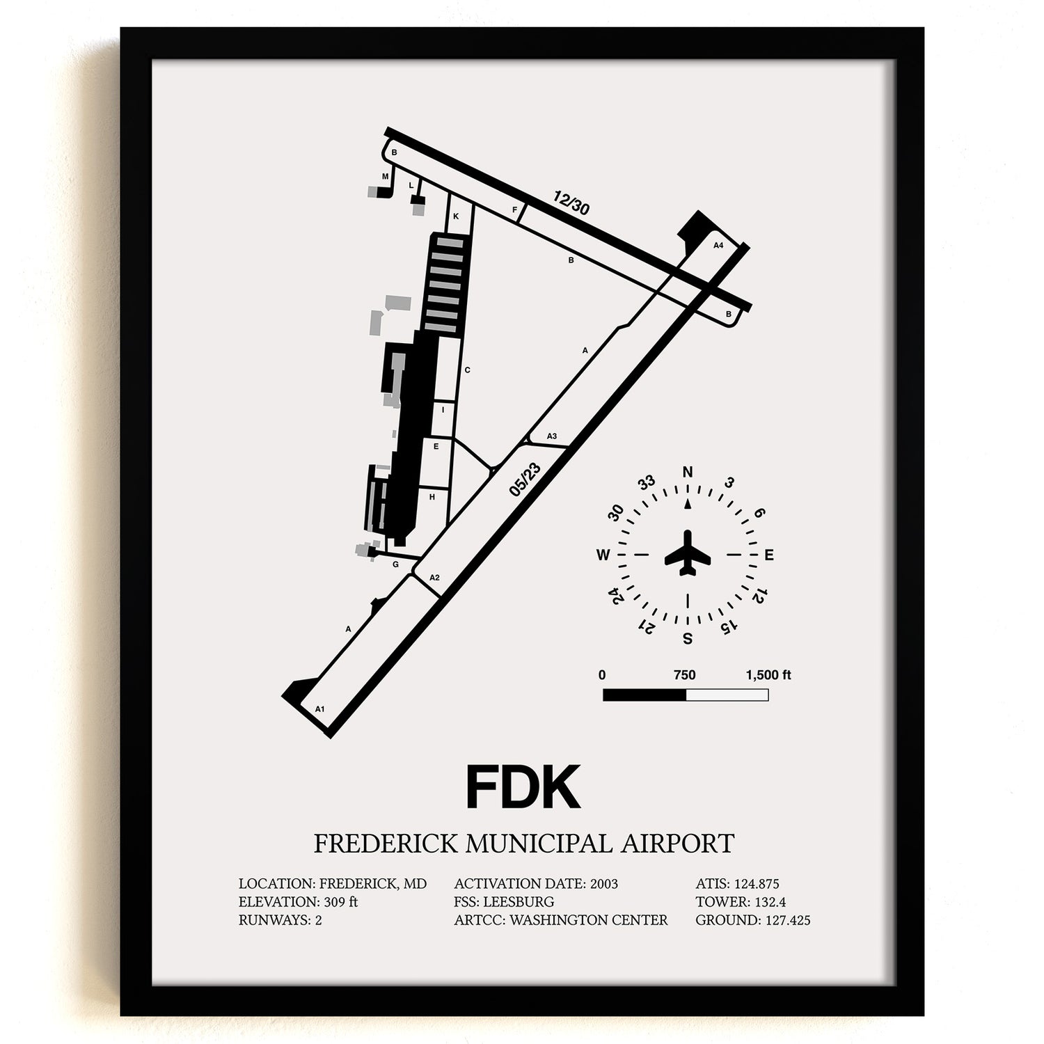 Framed Detailed Airport Map of Frederick Municipal Airport (FDK) in White with a Black Frame