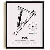 Framed Detailed Airport Map of Frederick Municipal Airport (FDK) in White with a Black Frame