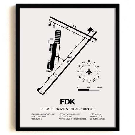 Framed Detailed Airport Map of Frederick Municipal Airport (FDK) in White with a Black Frame