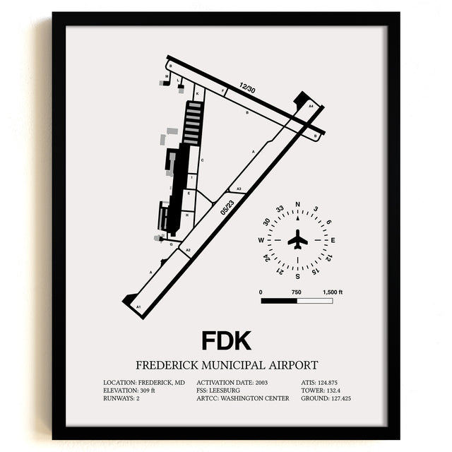 Framed Detailed Airport Map of Frederick Municipal Airport (FDK) in White with a Black Frame