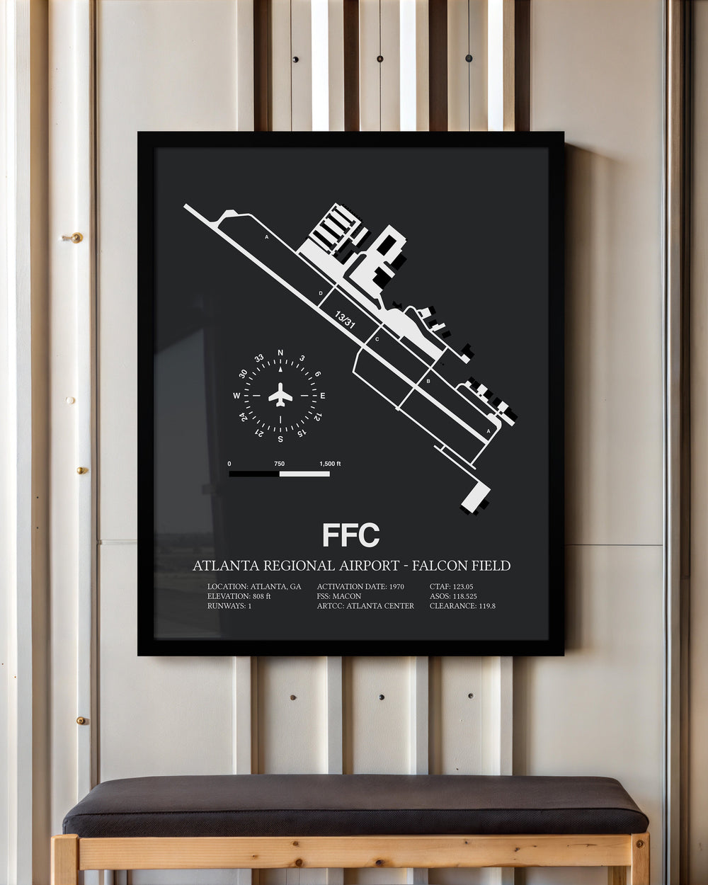 Framed Detailed Airport Map of Atlanta Regional Airport-Falcon Field (FFC) in Gray with a Black Frame