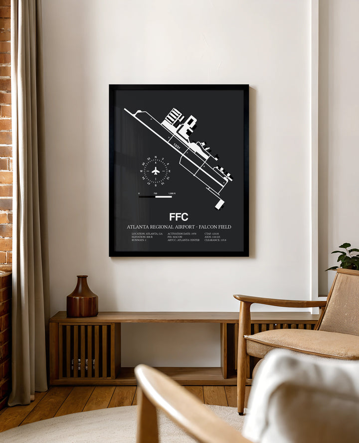 Framed Detailed Airport Map of Atlanta Regional Airport-Falcon Field (FFC) in Gray with a Black Frame
