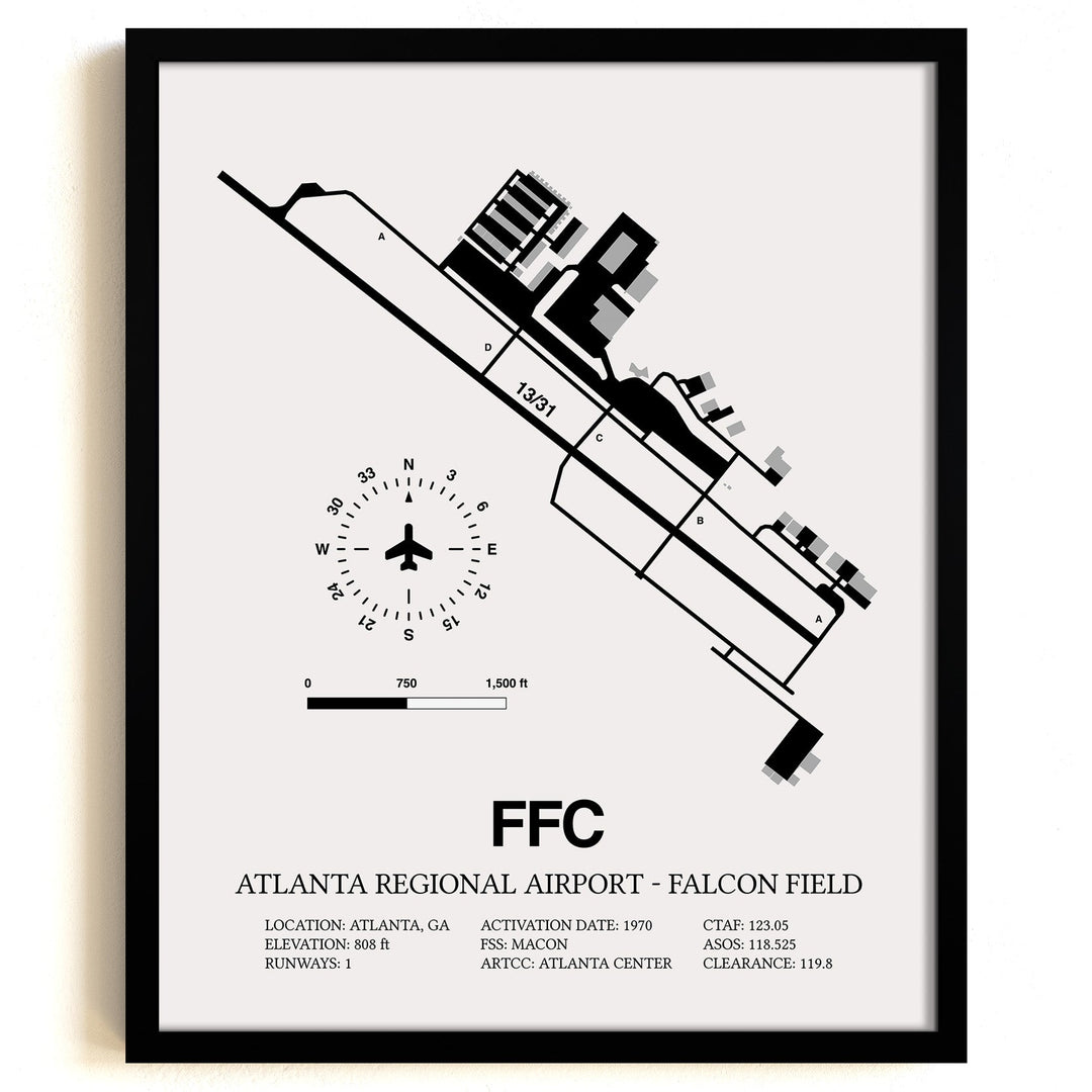 Framed Detailed Airport Map of Atlanta Regional Airport-Falcon Field (FFC) in White with a Black Frame