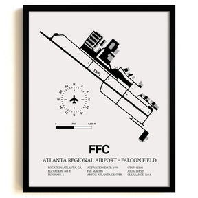 Framed Detailed Airport Map of Atlanta Regional Airport-Falcon Field (FFC) in White with a Black Frame