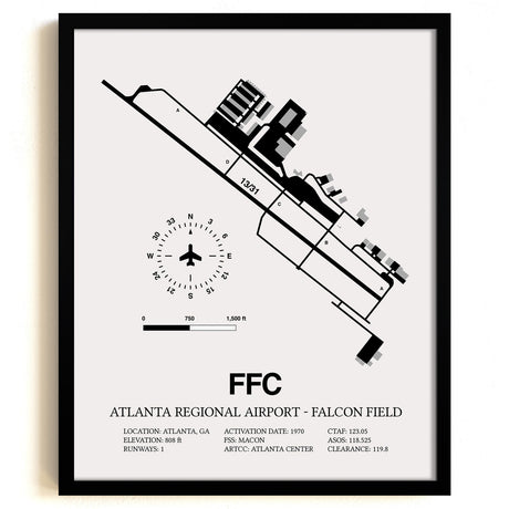 Framed Detailed Airport Map of Atlanta Regional Airport-Falcon Field (FFC) in White with a Black Frame