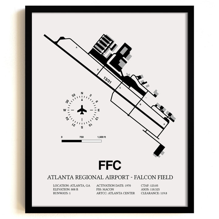 Framed Detailed Airport Map of Atlanta Regional Airport-Falcon Field (FFC) in White with a Black Frame