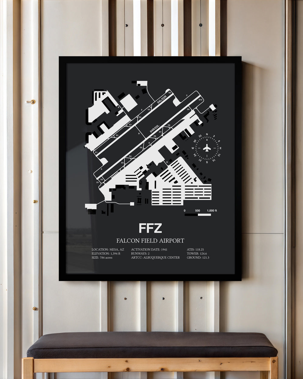 Framed Detailed Airport Map of Falcon Field (FFZ) in Gray with a Black Frame