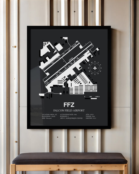 Framed Detailed Airport Map of Falcon Field (FFZ) in Gray with a Black Frame